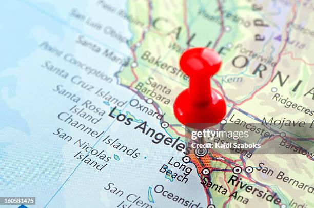 red pin pointed on the los angeles map - hollywood california stock pictures, royalty-free photos & images