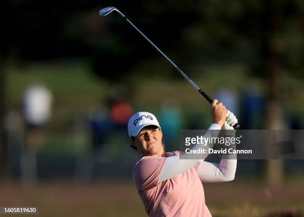 Ally Ewing of The United States plays her second shot on the 18th hole during the first round of the AIG Women's Open at Walton Heath Golf Club on...