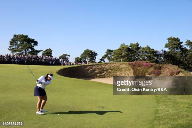 Lilia Vu of the United States plays her third shot on the 16th hole on Day One of the AIG Women's Open at Walton Heath Golf Club on August 10, 2023...
