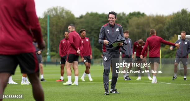 Unai Emery head coach of Aston Villa in action during a training session at Bodymoor Heath training ground on August 08, 2023 in Birmingham, England.