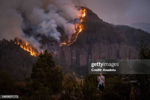 View of fire as wildfire continues in Tenerife, Canary Islands on August 17, 2023. Neighbors of the town of Aguamansa try to cool off the...