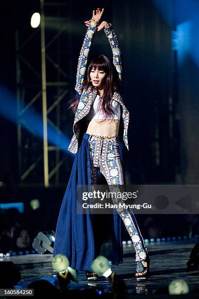 Kim Hyun-A of South Korean girl group 4minute performs onstage during the 2013 United Cube Concert at Jamsil Stadium on February 2, 2013 in Seoul,...