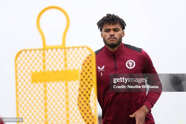 Tyrone Mings of Aston Villa in action during a training session at Bodymoor Heath training ground on August 08, 2023 in Birmingham, England.