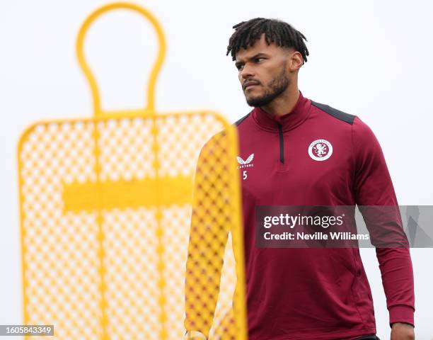 Tyrone Mings of Aston Villa in action during a training session at Bodymoor Heath training ground on August 08, 2023 in Birmingham, England.