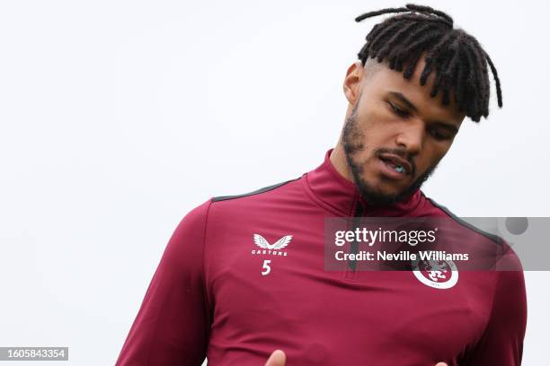 Tyrone Mings of Aston Villa in action during a training session at Bodymoor Heath training ground on August 08, 2023 in Birmingham, England.