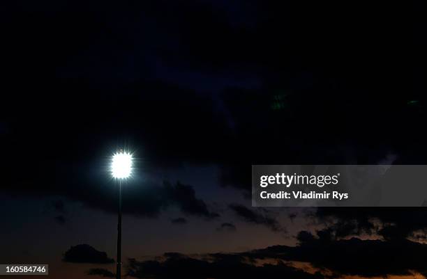 Sun sets down over the stadium during the Superleague match between Asteras Tripolis and Panathinaikos FC at Asteras Tripolis Stadium on February 2,...