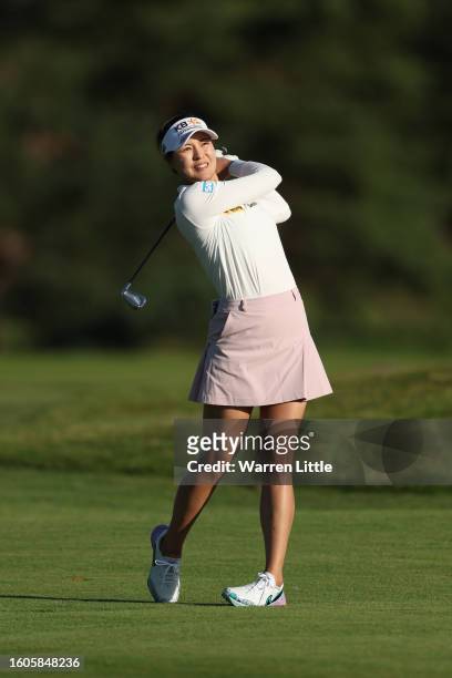 In Gee Chun of South Korea plays a shot on the 18th hole on Day One of the AIG Women's Open at Walton Heath Golf Club on August 10, 2023 in Tadworth,...