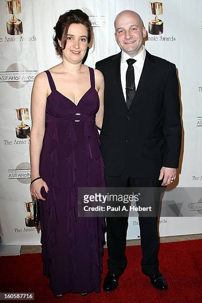 Andrew Schneider and guest arrive at the 40th Annual Annie Awards held at Royce Hall on the UCLA Campus on February 2, 2013 in Westwood, California.
