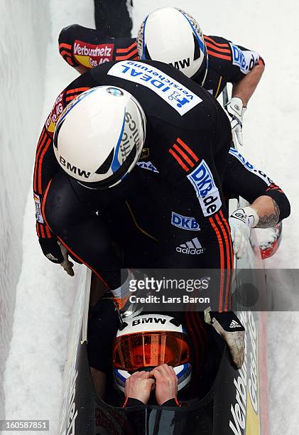 Maximilian Arndt of Germany cellebrates after the Four Men Bobsleigh final heat of the IBSF Bob & Skeleton World Championship at Olympia Bob Run on...