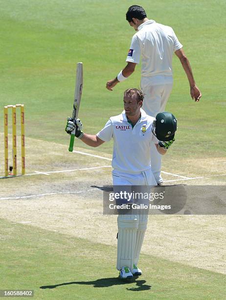 De Villiers of South Africa celebrates his 100 during day 3 of the 1st Test match between South Africa and Pakistan at Bidvest Wanderers Stadium on...