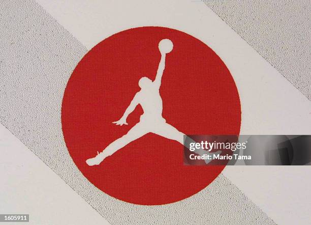 The Air Jordan logo is displayed at a Jordan promotional event July 31, 2001 in Harlem, New York City.