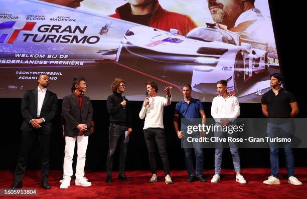 Kwebbelkop and Lucas Ordonez speak on stage prior to the Gran Turismo Film Premiere on August 10, 2023 in Amsterdam, Netherlands. .