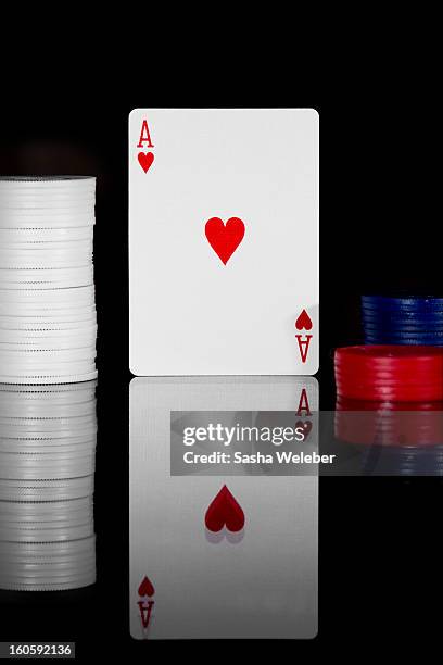 ace of hearts card with poker chips - ace of hearts stock pictures, royalty-free photos & images