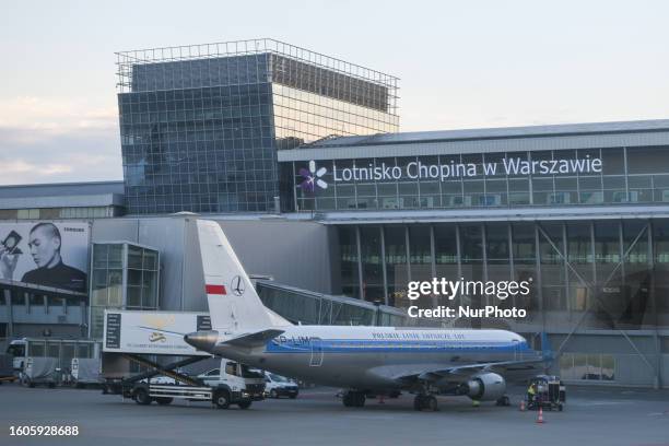 Polish Airlines plane seen at Warsaw Chopin International Airport, on August 14 in Warsaw, Poland.