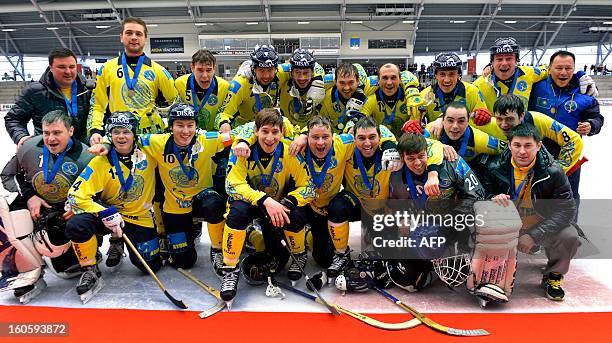 Kazakhstan's team celebrates after winning the bronze medal match Finland vs Kazakhstan with 3-6 at the Bandy World Championship in Vanersborg,...