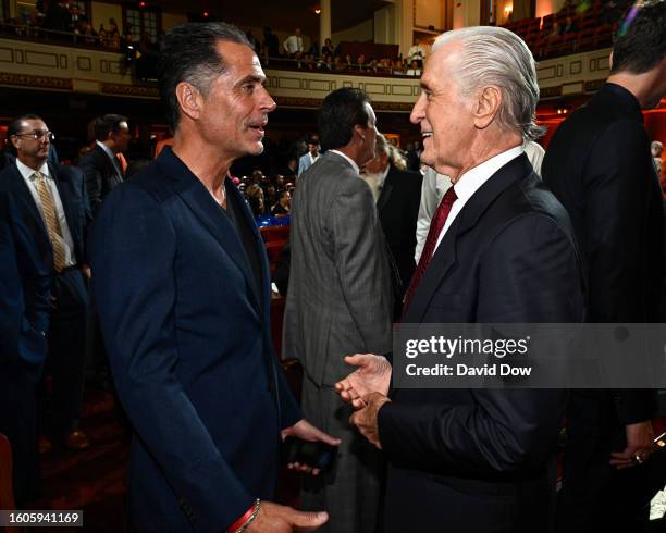 Pat Riley & Rob Pelinka look on at the 2023 Basketball Hall of Fame Enshrinement Ceremony on August 12, 2023 at Springfield Marriott in Springfield,...