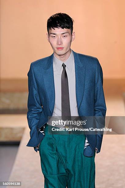 Model walks the runway at the Paul Smith Autumn Winter 2013 fashion show during Paris Menswear Fashion Week on January 20, 2013 in Paris, France.