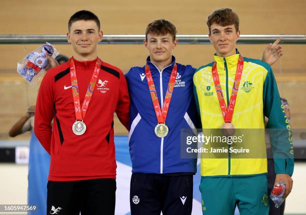 Silver Medallist, Sam Fisher of Team Wales, Gold Medallist, Calum Moir of Team Scotland and Bronze Medallist, Noah Blannin of Team Australia pose for...