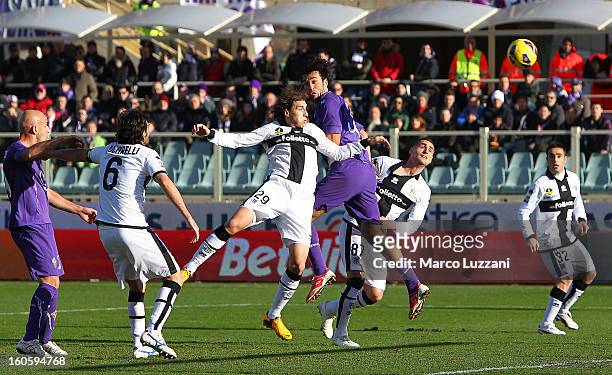 Luca Toni of ACF Fiorentina scores the opening goal during the Serie A match between ACF Fiorentina and Parma FC at Stadio Artemio Franchi on...