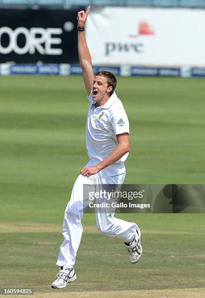 Morne Morkel of South Africa celebrates taking the wicket of Younis Khan of Pakistan for 15 runs during day 3 of the 1st Test match between South...