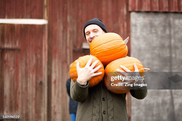 man carrying pumpkins - fall harvest fotografías e imágenes de stock