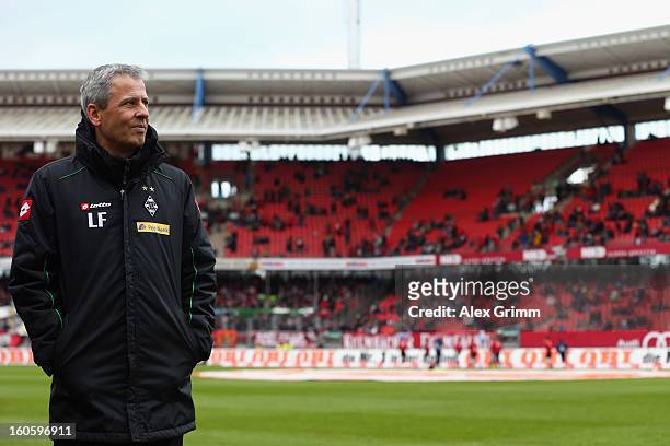 Head coais challenged by Lucien Favre of Moenchengladbach looks on prior to the Bundesliga match between 1. FC Nuernberg and VfL Borussia...