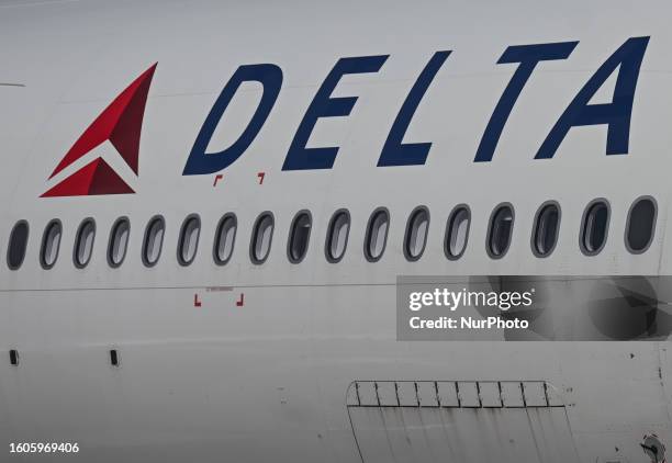 Delta Air Lines logo on a plane at Paris Charles de Gaulle Airport, on August 14 in Roissy-en-France, France.