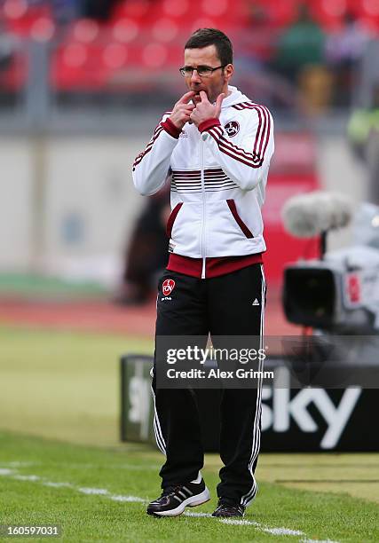 Head coach Michael Wiesinger of Nuernberg reacts during the Bundesliga match between 1. FC Nuernberg and VfL Borussia Moenchengladbach at Easy Credit...