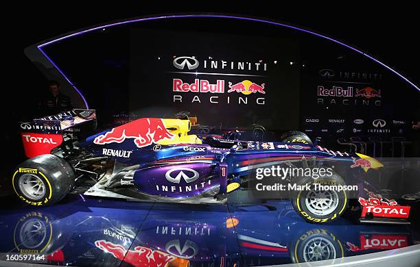 The new Infiniti Red Bull Racing RB9 at the launch on February 3, 2013 in Milton Keynes, England.