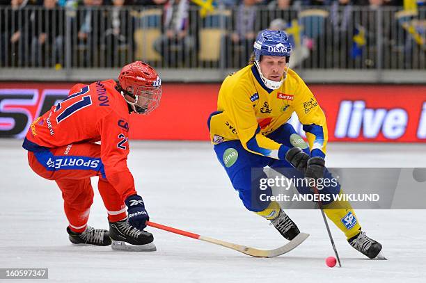 Russia's Igor Larionov and Sweden's Daniel Mossberg vie during Bandy World Championship final match Sweden vs Russia in Vanersborg, Sweden, February...