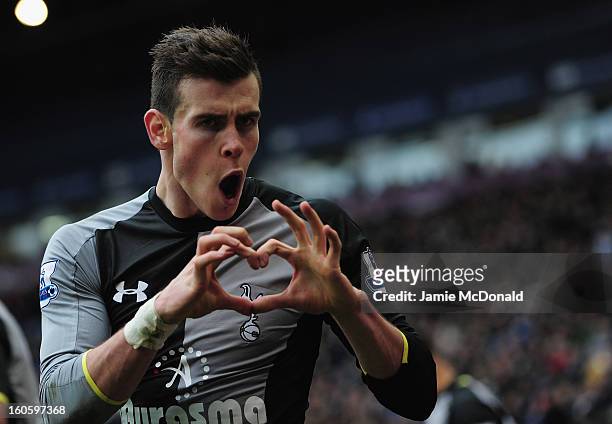 Gareth Bale of Spurs celebrates his goal during the Barclay's Premier League match between West Bromwich Albion and Tottenham Hotspur at The...