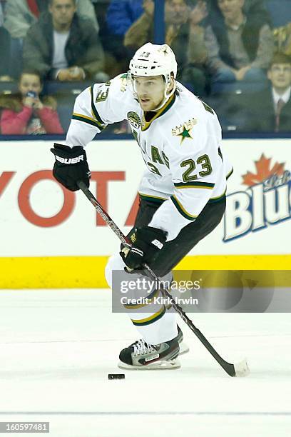 Tom Wandell of the Dallas Stars skates with the puck during the game against the Columbus Blue Jackets on January 28, 2013 at Nationwide Arena in...