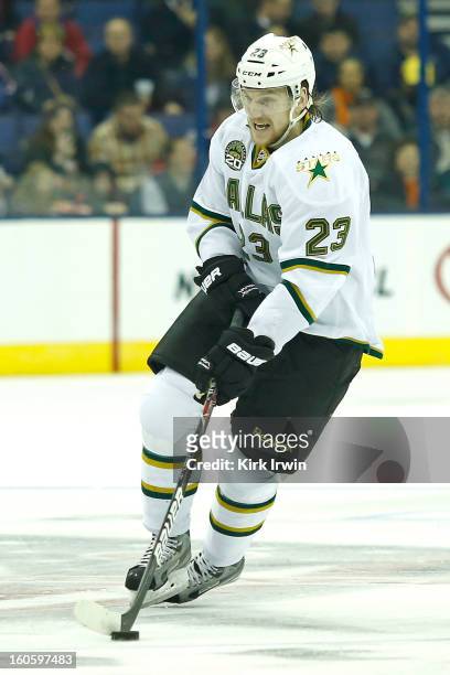 Tom Wandell of the Dallas Stars skates with the puck during the game against the Columbus Blue Jackets on January 28, 2013 at Nationwide Arena in...
