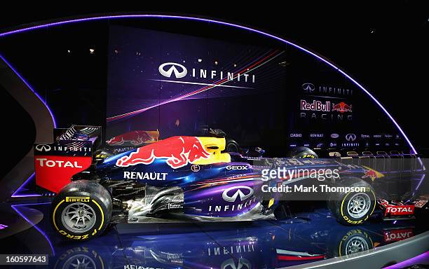 The new Infiniti Red Bull Racing RB9 at the launch on February 3, 2013 in Milton Keynes, England.