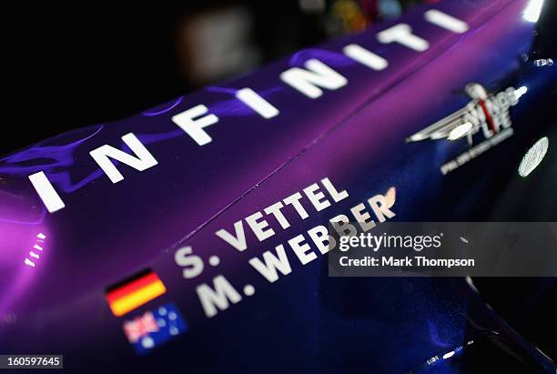 The new Infiniti Red Bull Racing RB9 at the launch on February 3, 2013 in Milton Keynes, England.