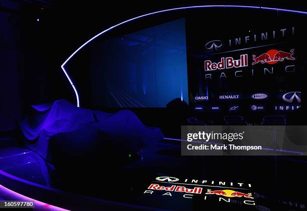 General view of the stage before the car is unveiled during the Infiniti Red Bull Racing RB9 launch on February 3, 2013 in Milton Keynes, England.