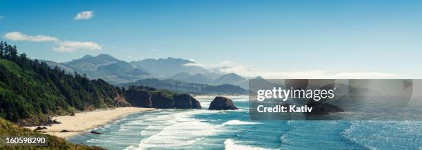 vista panorámica de tiro de cannon beach oregon - noroeste pacífico de los estados unidos fotografías e imágenes de stock