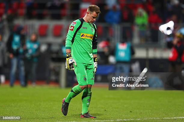 Goalkeeper Marc-Andre ter Stegen of Moenchengladbach reacts after the Bundesliga match between 1. FC Nuernberg and VfL Borussia Moenchengladbach at...