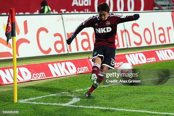 Hiroshi Kiyotake of Nuernberg shoots a corner during the Bundesliga match between 1. FC Nuernberg and VfL Borussia Moenchengladbach at Easy Credit...