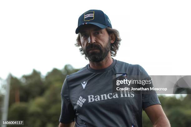 Andrea Pirlo Head coach of UC Sampdoria leaves the field of play following the Pre-Season Friendly match between Novara Calcio and UC Sampdoria at...