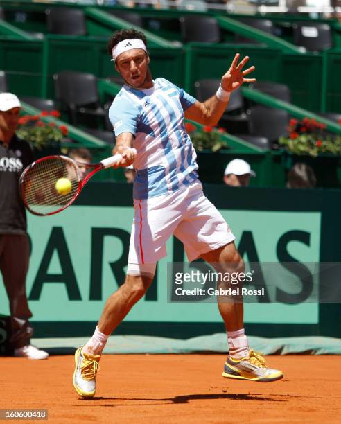 Juan Monaco of Argentina returns the ball to Kamke from Germany during the fourth match between Argentina and Germany in the first round of Copa...