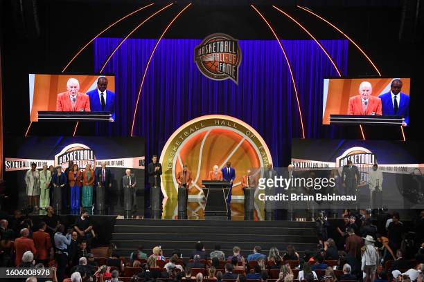 Gary Blair speaks at the 2023 Basketball Hall of Fame Enshrinement Ceremony on August 12, 2023 at Springfield Marriott in Springfield, Massachusetts....