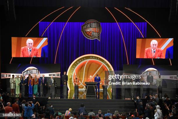 Gary Blair speaks at the 2023 Basketball Hall of Fame Enshrinement Ceremony on August 12, 2023 at Springfield Marriott in Springfield, Massachusetts....