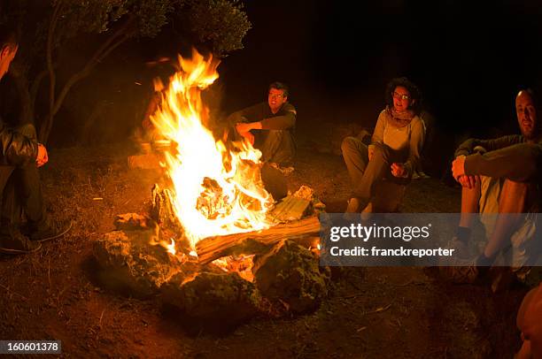 campfire of friends in circle on the fire - campfire storytelling stock pictures, royalty-free photos & images