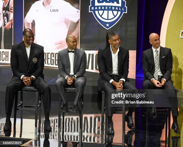 David Robinson,Tony Parker, Tim Duncan & Manu Ginóbili looks on at the 2023 Basketball Hall of Fame Enshrinement Ceremony on August 12, 2023 at...