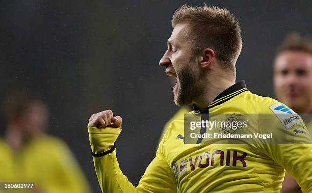 Jakub Kuba Blaszczykowski of Dortmund celebrates scoring the second goal during the Bundesliga match between Bayer 04 Leverkusen and Borussia...