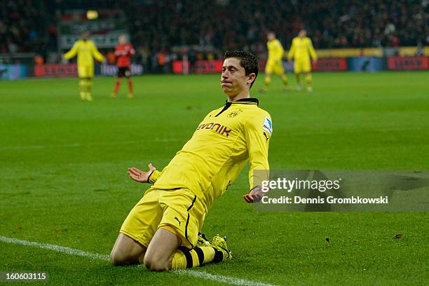 Robert Lewandowski of Dortmund celebrates during the Bundesliga match between Bayer 04 Leverkusen and Borussia Dortmund at BayArena on February 3,...