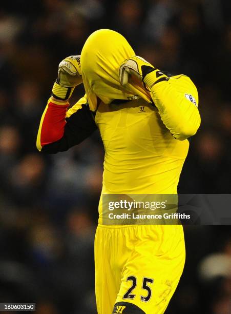 Pepe Reina of Liverpool shows his frustration during the Barclays Premier League match between Manchester City and Liverpool at the Etihad Stadium on...