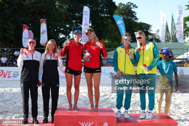 Silver Medallists, Kiana Stevenson and Tineke Hinton of Team New Zealand, Gold Medallists, Calinda Kok and Katarina Drozd of Team Canada and Bronze...