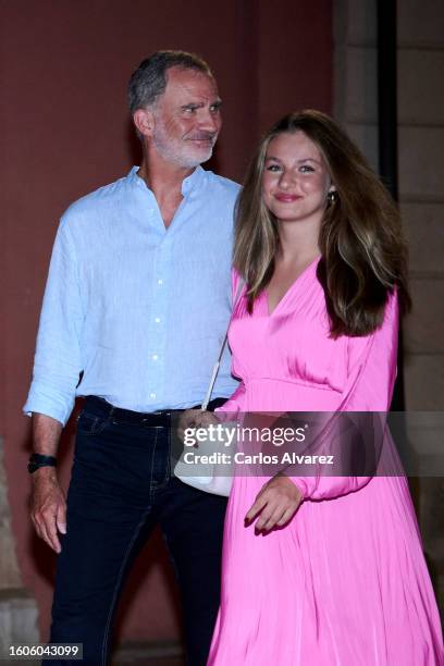 King Felipe VI of Spain and Crown Princess Leonor of Spain pose for the photographers after watching the movie Barbie at the Cineciutat cinema on...